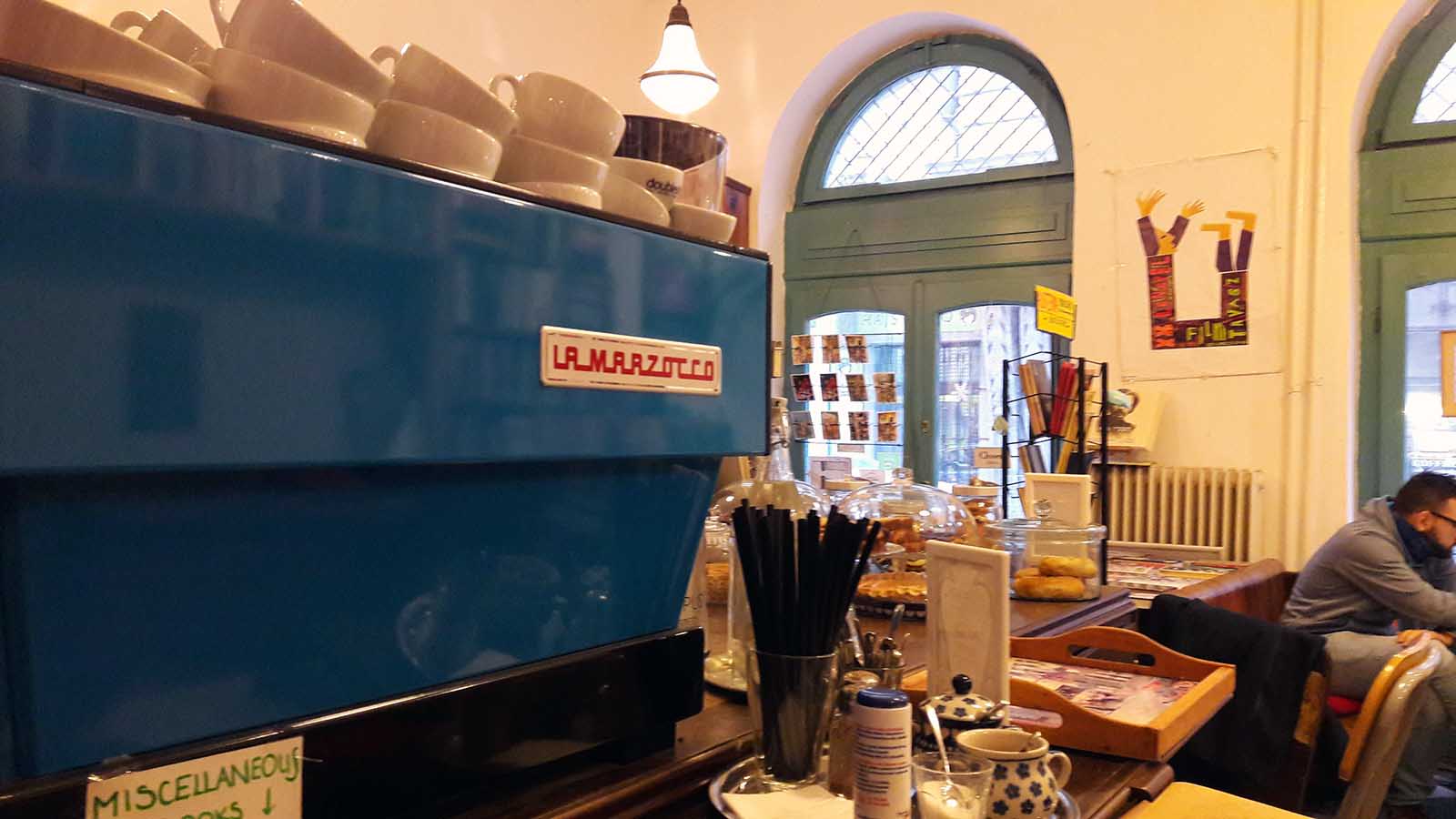 retro design and coffee machine at massolit budapest jewish walk